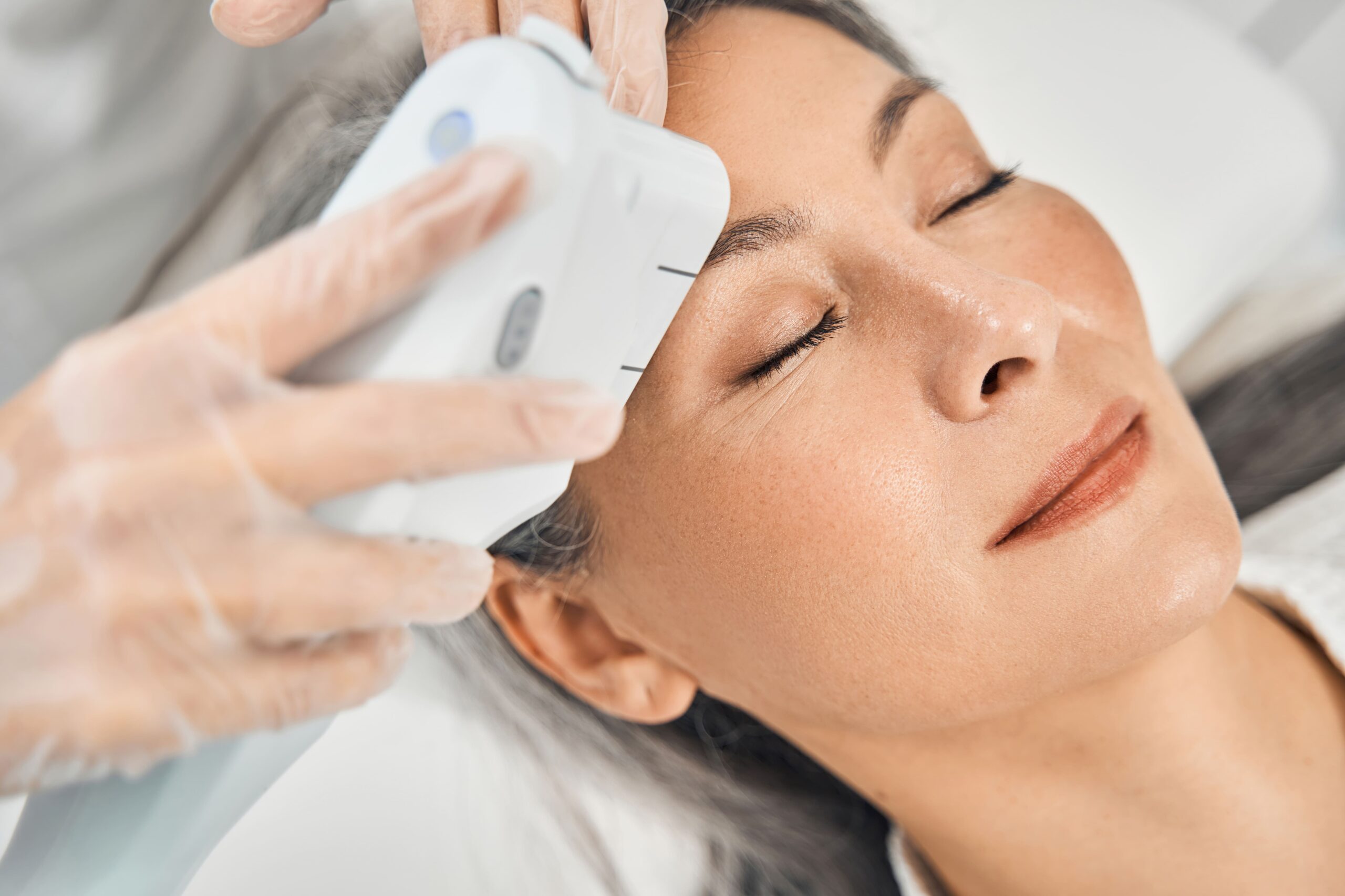 Luxury portrait emphasizing lifted jawline contour for HIFU